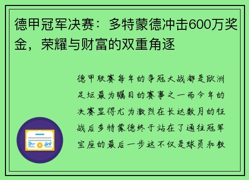 德甲冠军决赛：多特蒙德冲击600万奖金，荣耀与财富的双重角逐